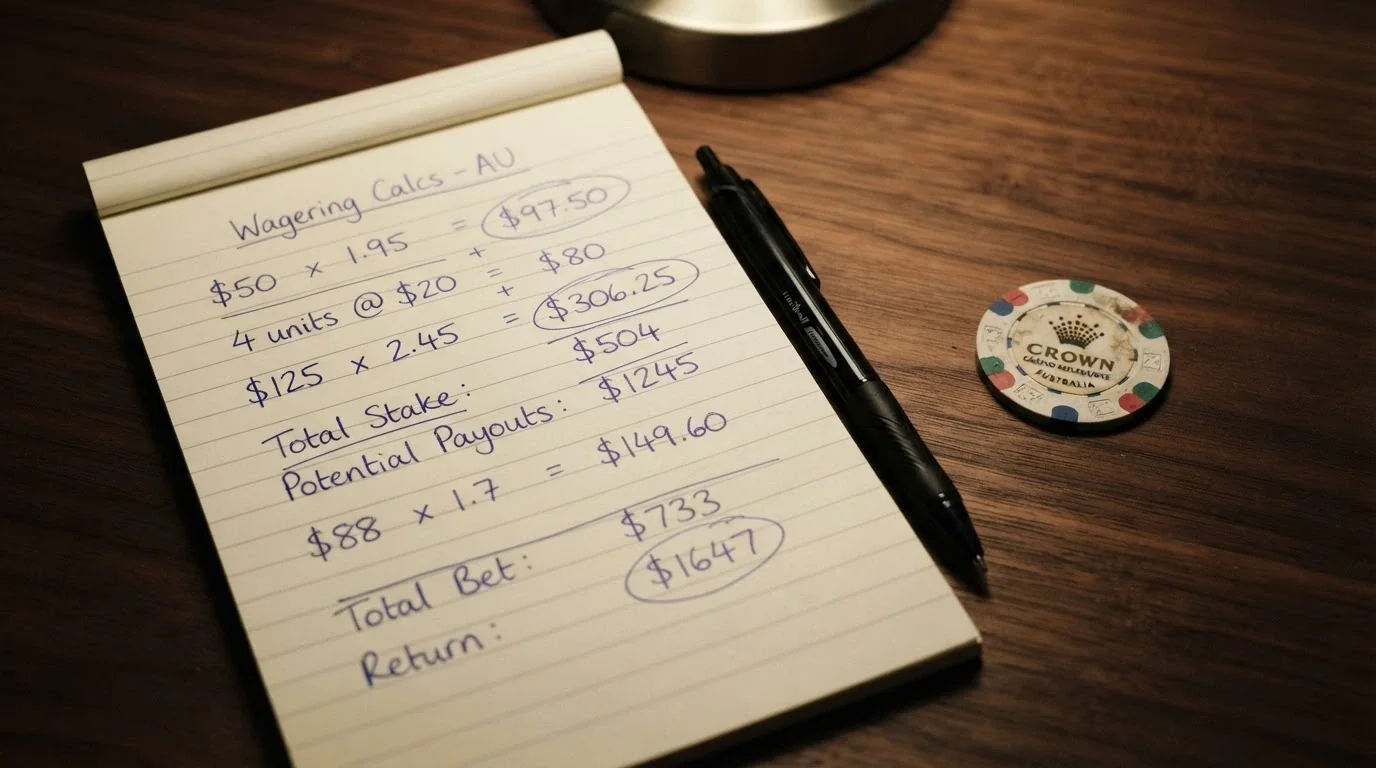 A notepad with handwritten wagering-requirement calculations beside casino chips and a pen