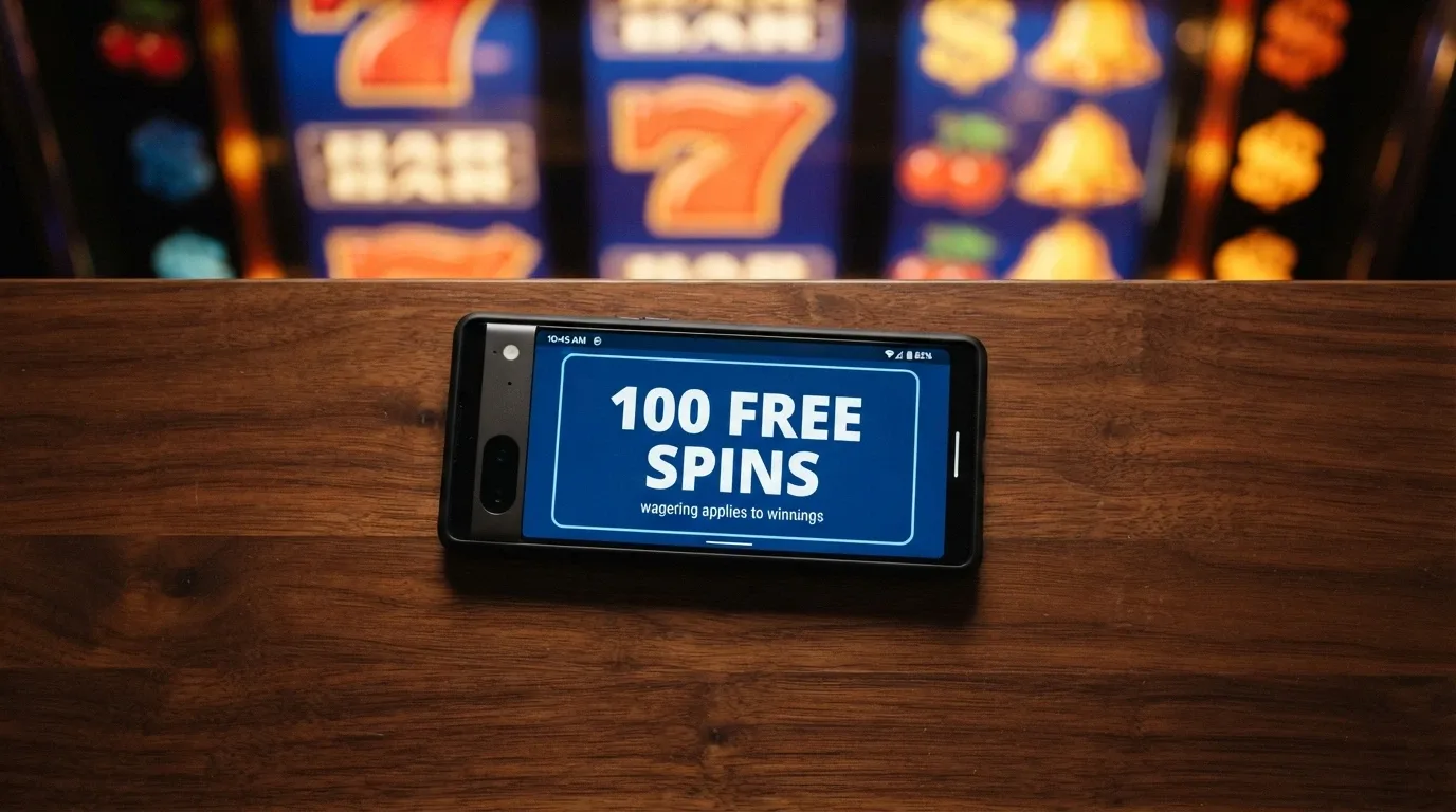A smartphone screen showing a free-spins activation notification overlaid on a pokie reels backdrop, with “100 FREE SPINS — wagering applies to winnings” visible in the notification text
