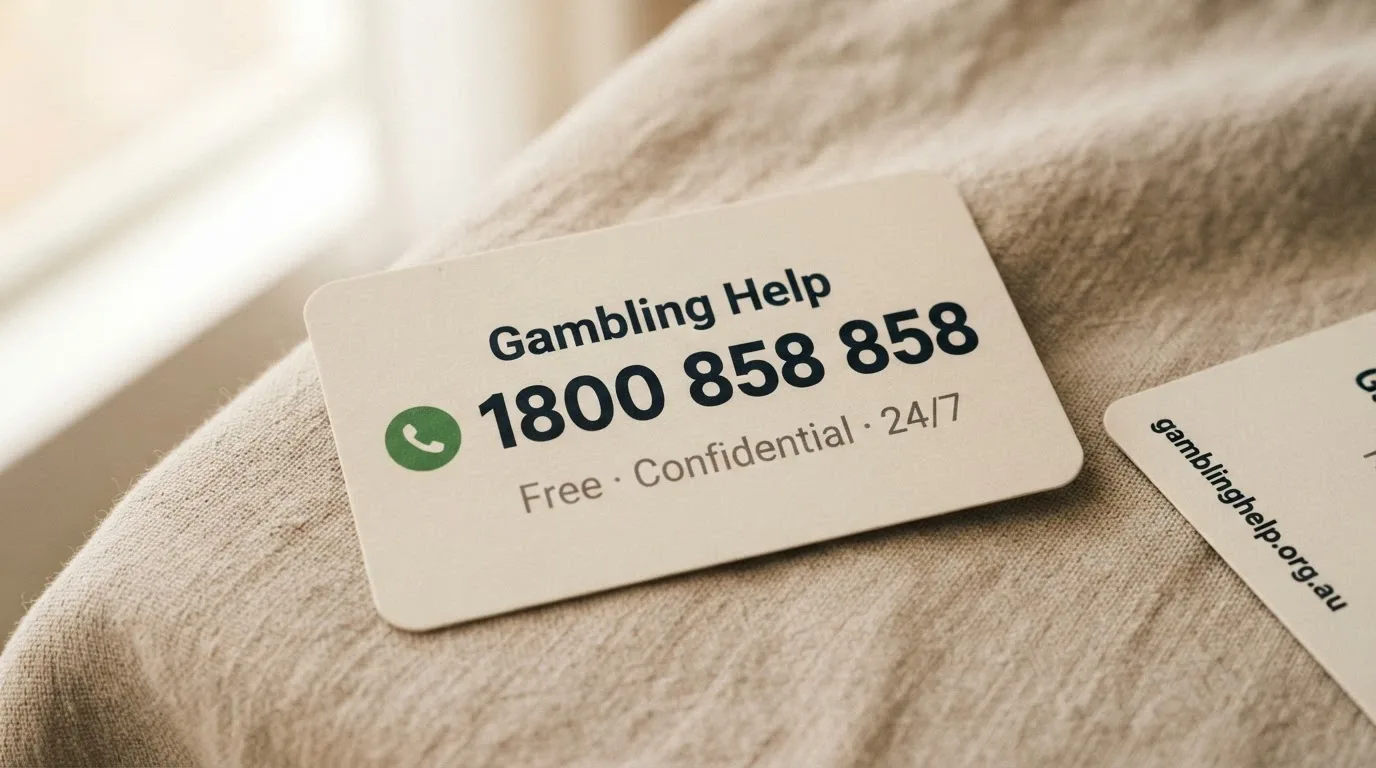 A calm-toned help-resource card showing the 1800 858 858 number, the BetStop logo and the Gambling Help Online URL on a supportive background