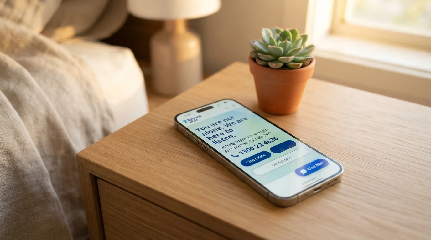 A phone screen showing the Gambling Help Online homepage or the National Gambling Helpline number 1800 858 858 prominently displayed, with a calm, supportive visual tone