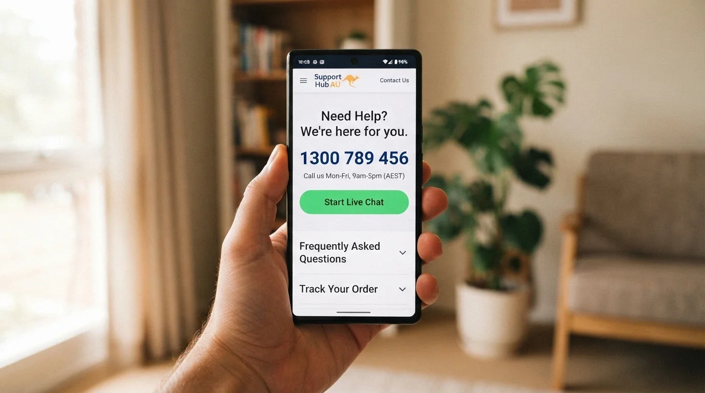 A close-up of a phone screen showing the Gambling Help Online homepage with the 1800 858 858 number and chat button prominent