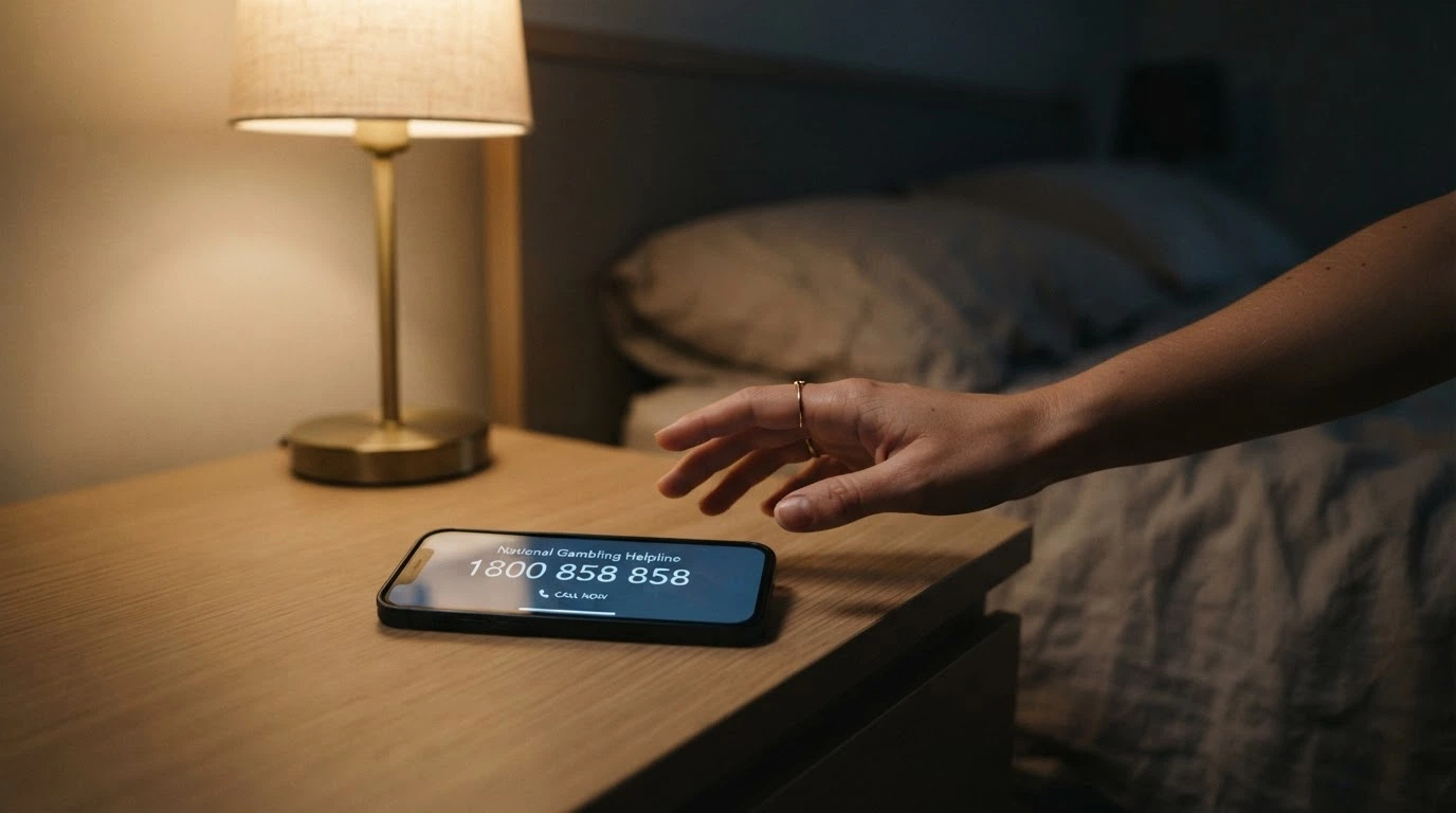 A hand reaching for a phone displaying 1800 858 858 — the National Gambling Helpline number