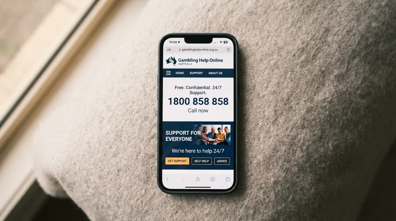 A phone screen showing the Gambling Help Online homepage with the 1800 858 858 number prominently displayed, warm lighting