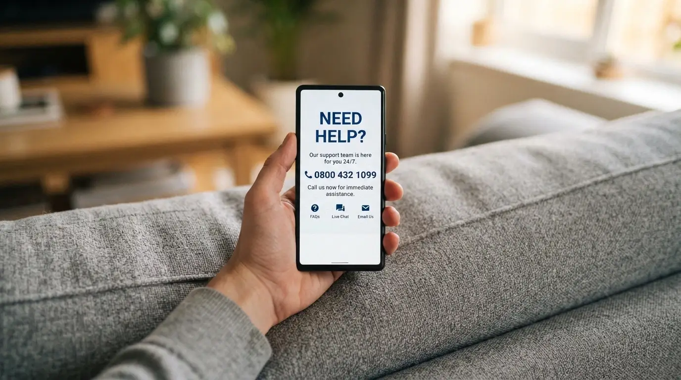 A smartphone showing the Gambling Help Online homepage and the 1800 858 858 National Gambling Helpline number prominently