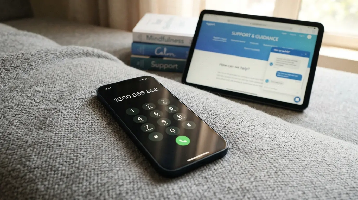 A close-up of a phone keypad with 1800 858 858 being dialled beside a Gambling Help Online support screen