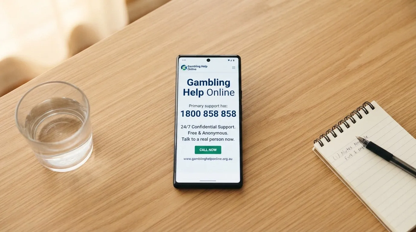 A smartphone screen showing the Gambling Help Online website with the 1800 858 858 number displayed