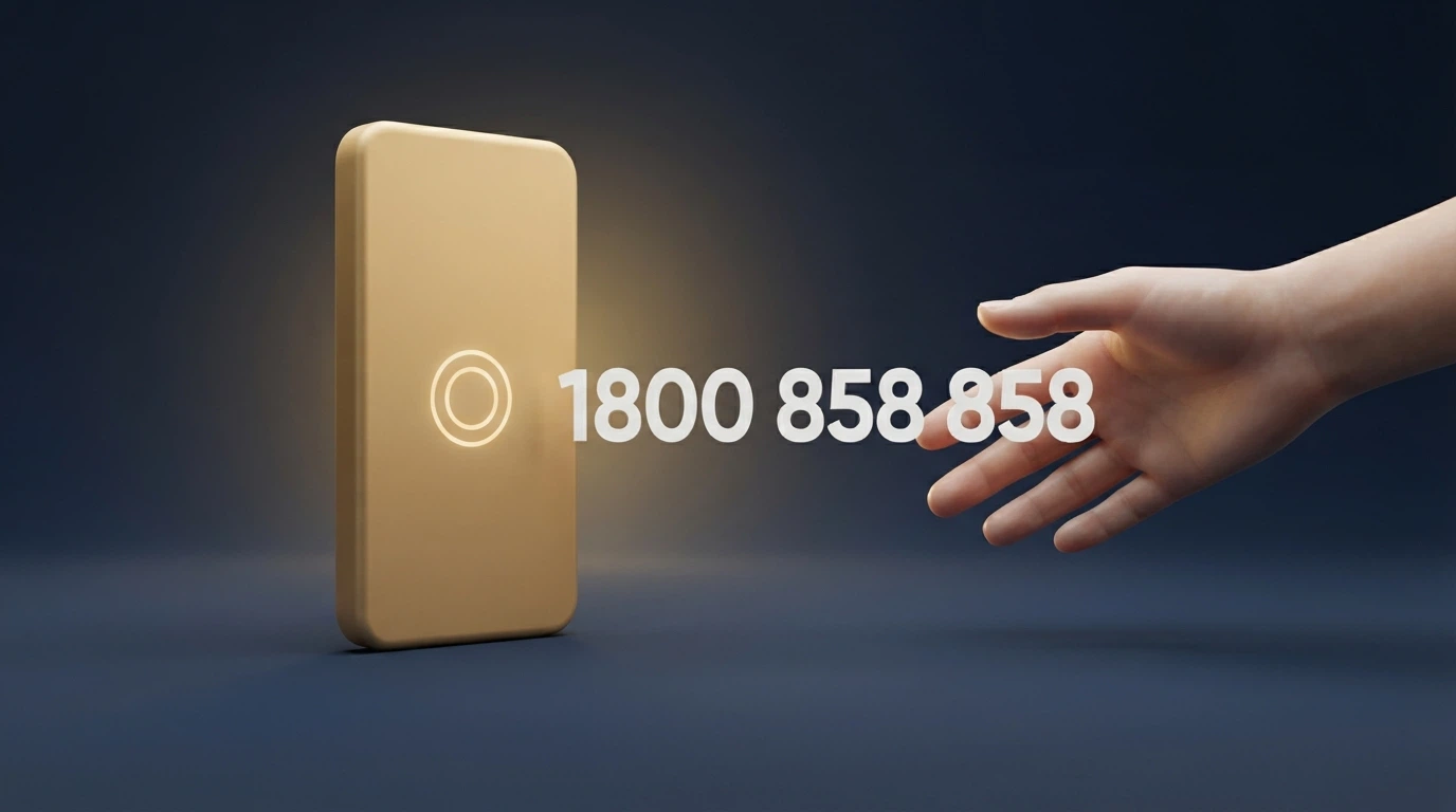 A helpline phone icon beside the number 1800 858 858 on a dark supportive background, with a stylised hand reaching toward it