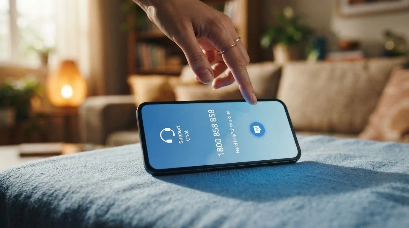 A mobile phone screen displaying the Gambling Help Online chat interface and the 1800 858 858 National Gambling Helpline number against a calm blue gradient background with a headset icon