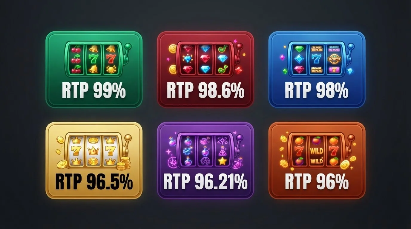 A grid of colourful online pokie title cards with RTP percentages overlaid, Mega Joker and Blood Suckers prominent in the foreground