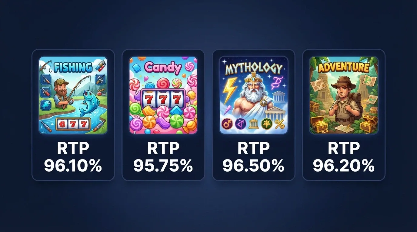 A grid arrangement of mobile pokie title cards showing Big Bass Bonanza, Sweet Bonanza, Gates of Olympus and Book of Dead, each with its RTP percentage displayed prominently