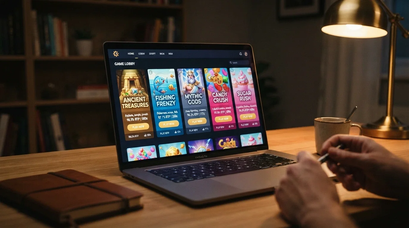 A grid of five pokies title cards — Book of Dead, Big Bass Bonanza, Gates of Olympus 1000, Sweet Bonanza 1000 and Sugar Rush 1000 — each showing its RTP and max win beneath the title
