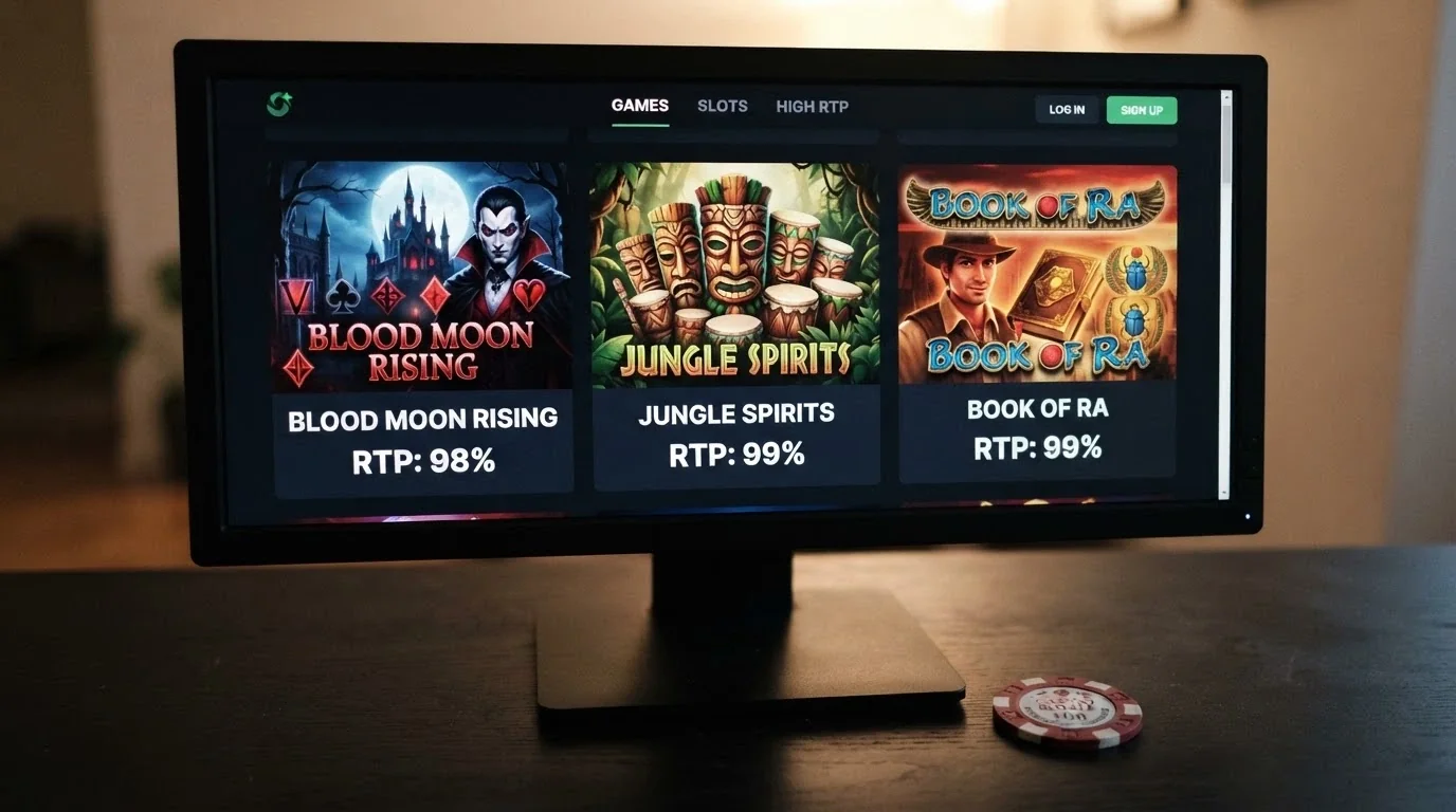 A screenshot grid of three pokies titles — Blood Suckers, Ugga Bugga and Book of 99 — with their RTP percentages overlaid in bold text