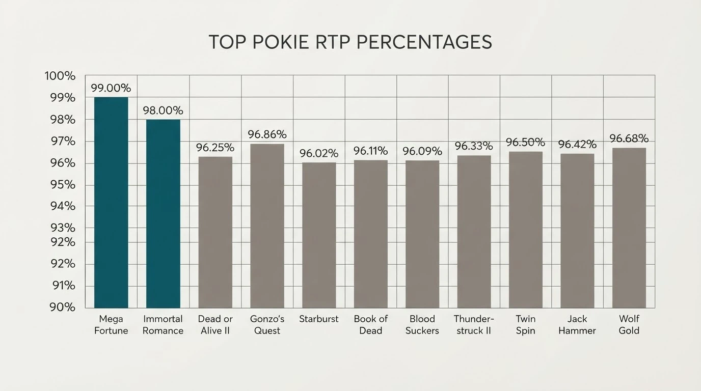 A bar chart comparing pokie titles by RTP percentage, with Mega Joker at 99.00% and Blood Suckers at 98.00% standing tallest above a clustered mid-range
