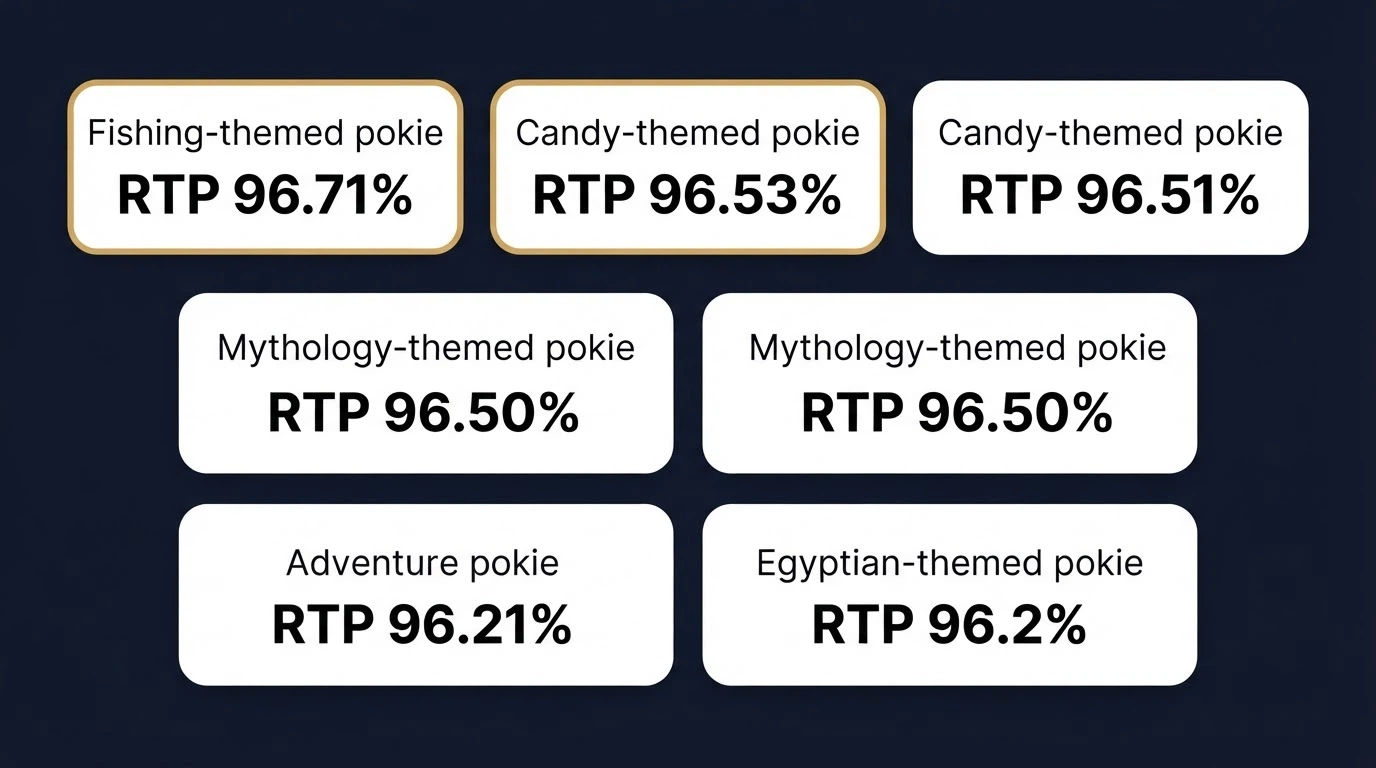 A grid of seven pokie title cards showing their RTP percentages, with the highest-RTP titles highlighted