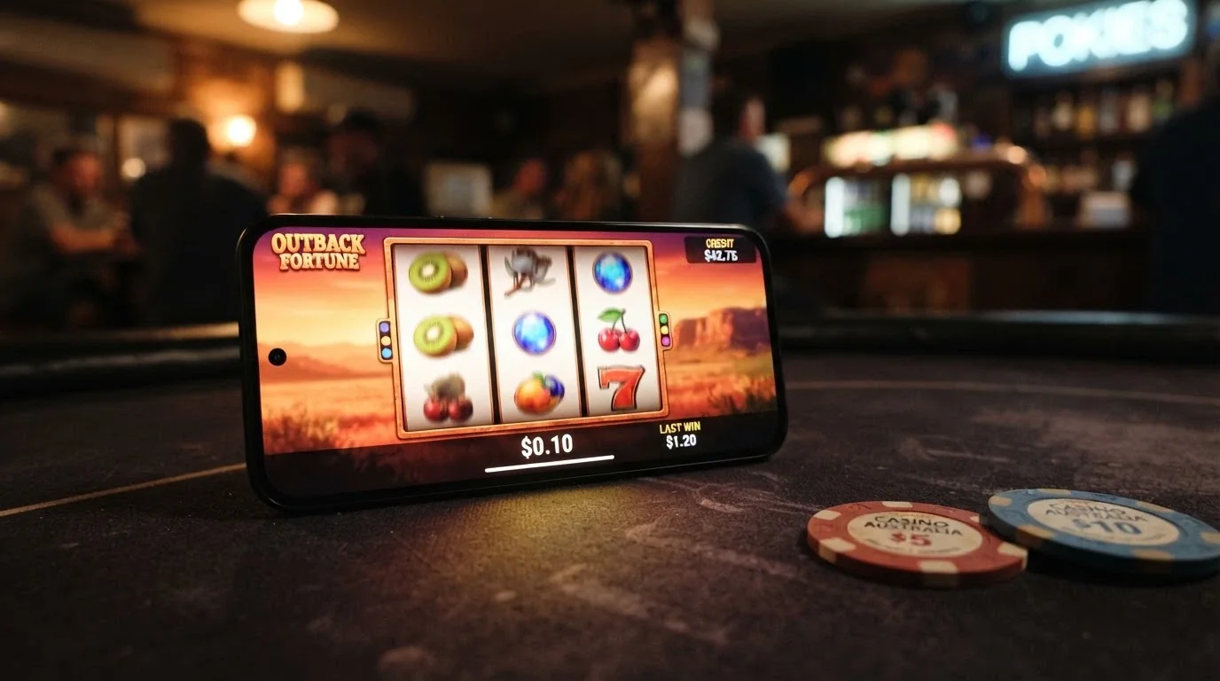 A smartphone in landscape mode displaying a pokie game with the reels spinning and a $0.10 bet amount visible in the corner