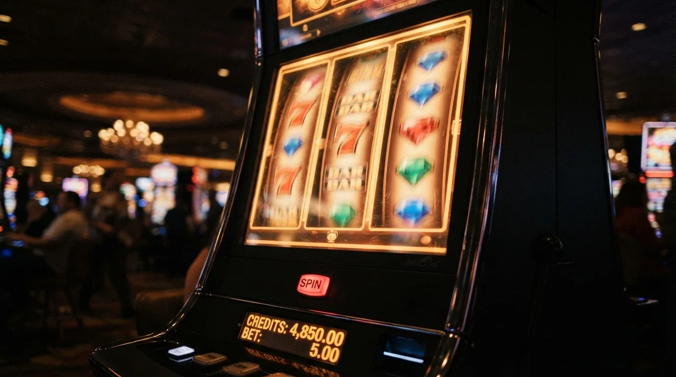 Close-up of spinning pokie reels showing high-value symbols and a large bet amount
