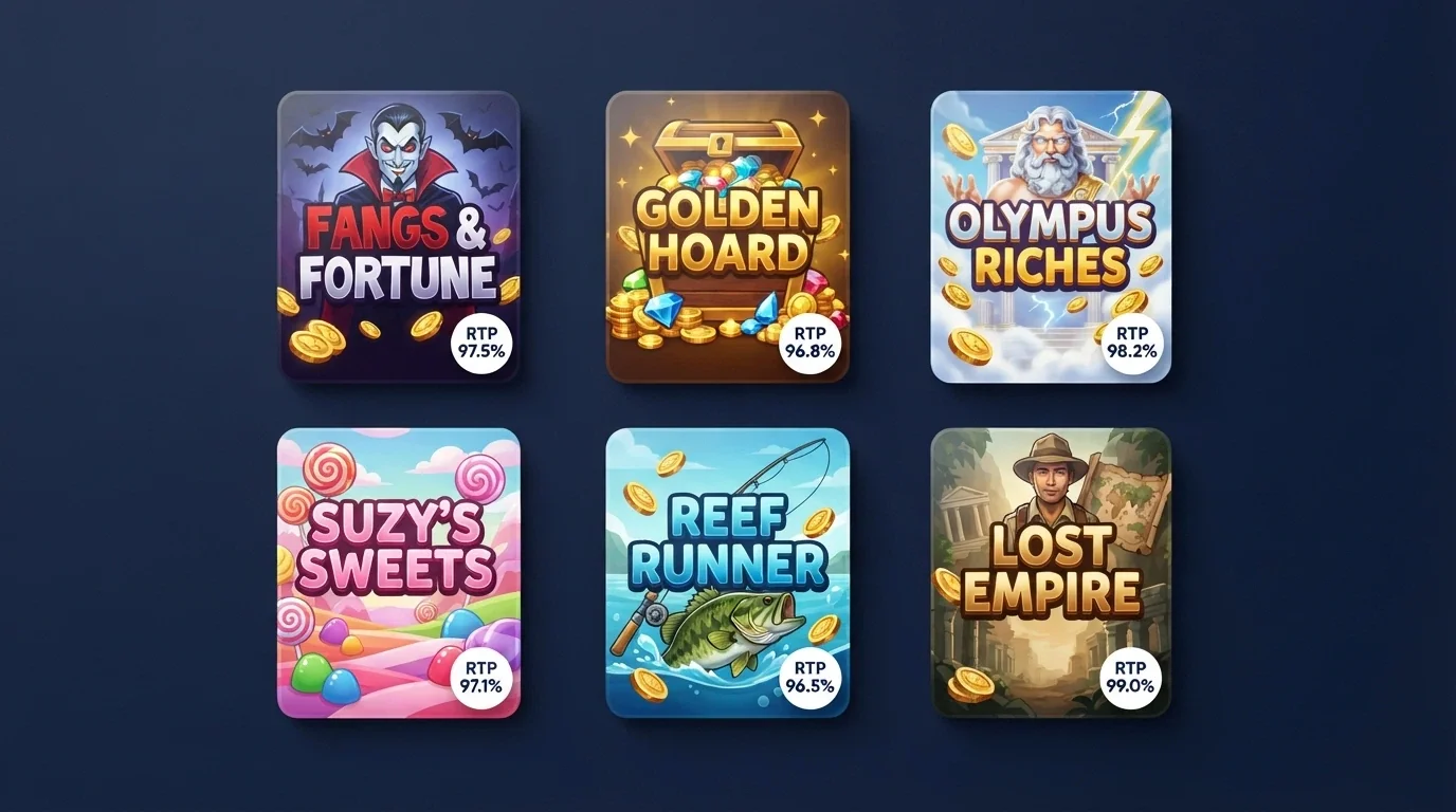 A grid of six popular pokie title cards arranged in two rows — Mega Joker, Blood Suckers, Gates of Olympus, Sweet Bonanza, Big Bass Bonanza and Book of Dead