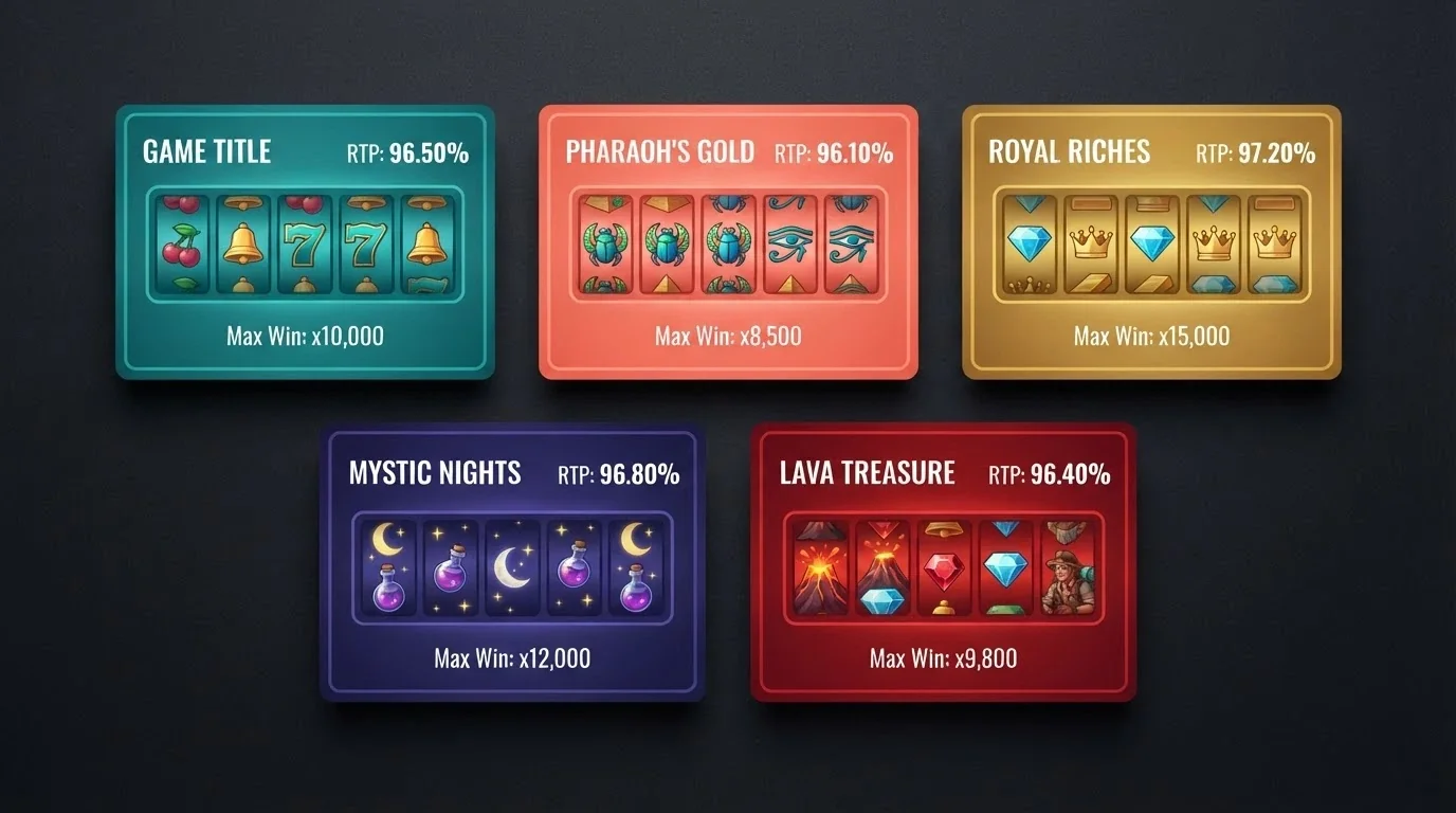 A grid of five slot-title cards (Big Bass Splash, Sweet Bonanza 1000, Gates of Olympus, Book of Dead, Dead or Alive 2) with RTP percentages and max-win multipliers overlaid