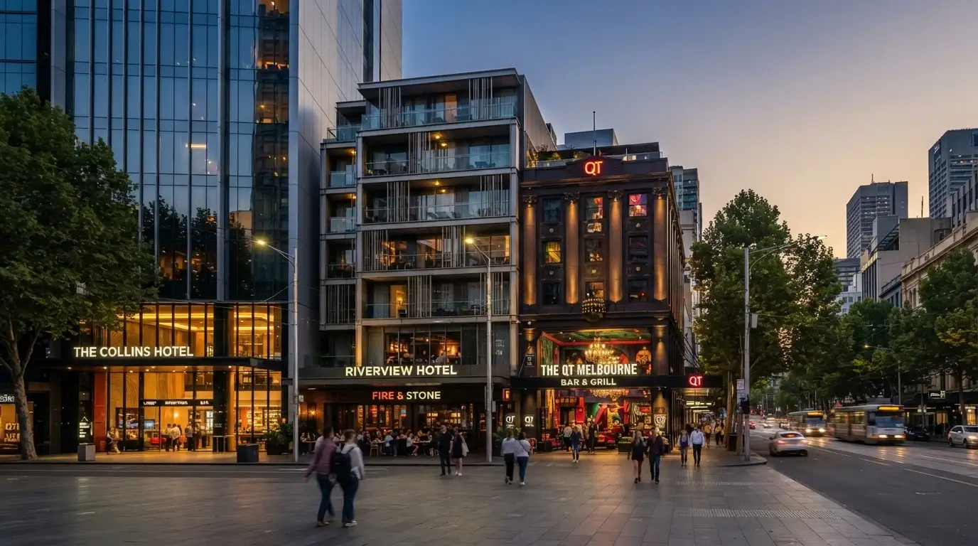 Streetscape showing hotels within walking distance of Casino Canberra in the Canberra CBD at dusk