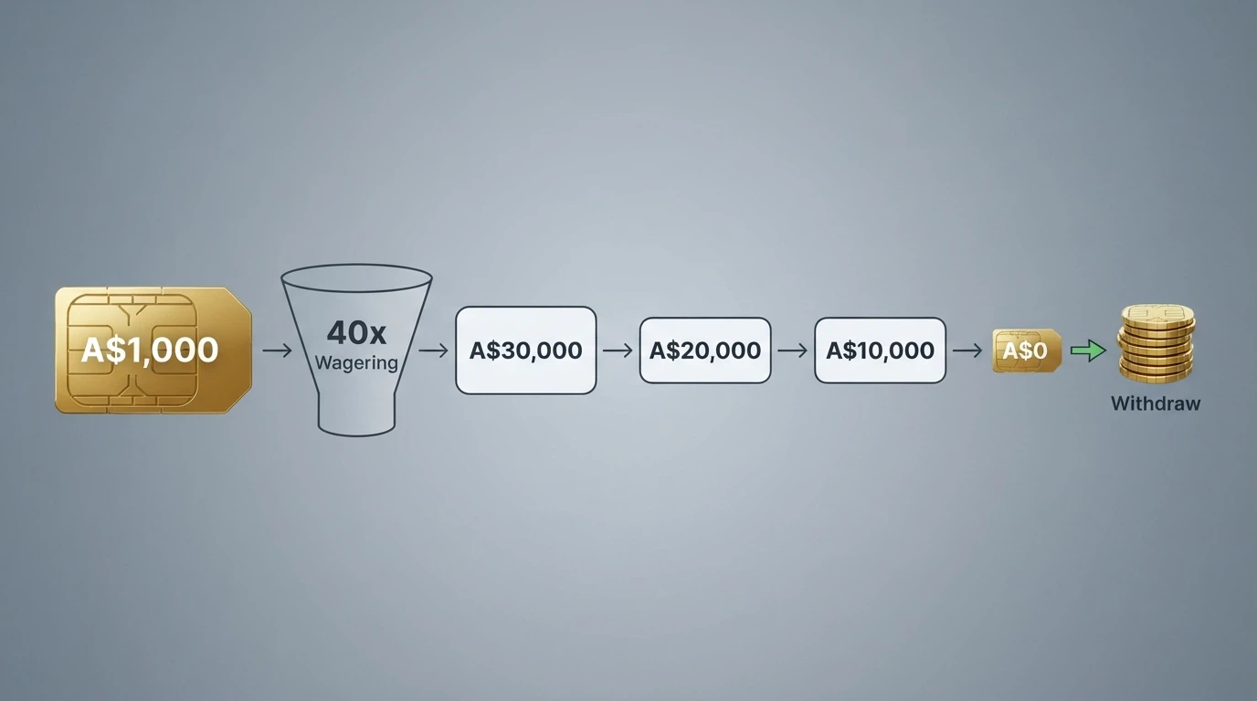 A diagram tracing a A$1,000 bonus through a 40x wagering tunnel — the bonus shrinks at each stage until a fraction reaches the “withdrawable” end