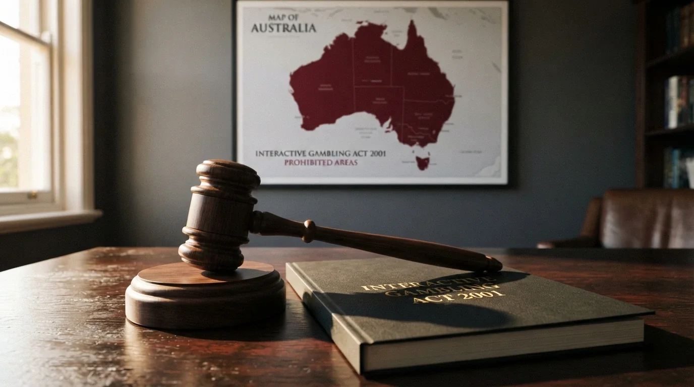 A gavel beside a document titled Interactive Gambling Act 2001, with a map of Australia in the background shaded to indicate the prohibition