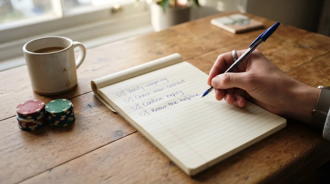 A notepad with a checklist: verify wagering, check max cashout, confirm expiry, know the helpline