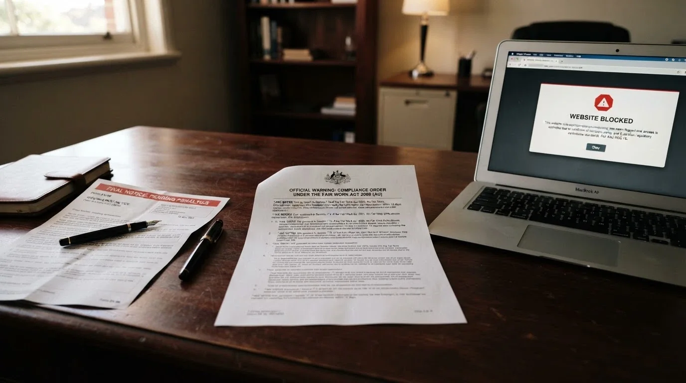 A document-style visual showing the Interactive Gambling Act 2001 cover page beside an ACMA enforcement notice and a blocked-website browser screen