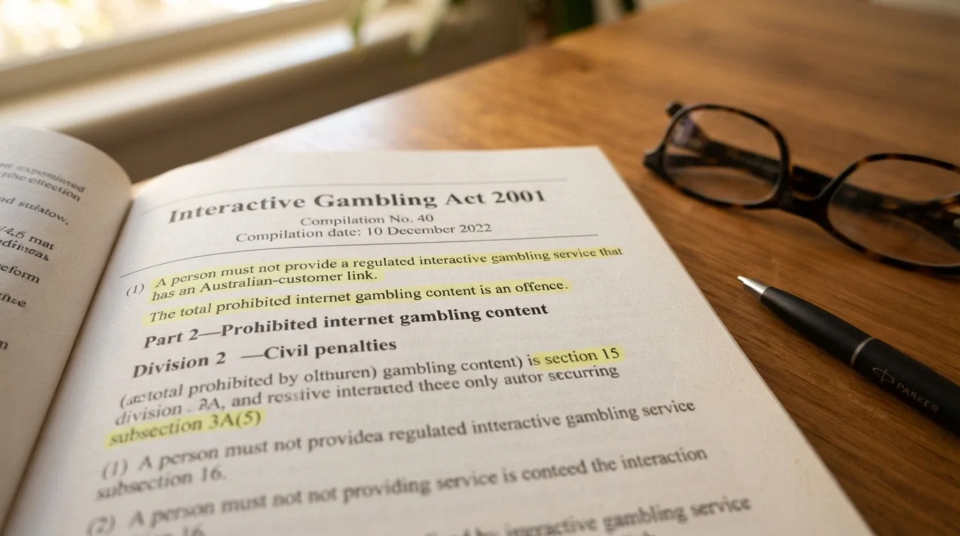 A close-up of the Interactive Gambling Act 2001 cover page or legislative text excerpt, with key sections highlighted, against a desk surface