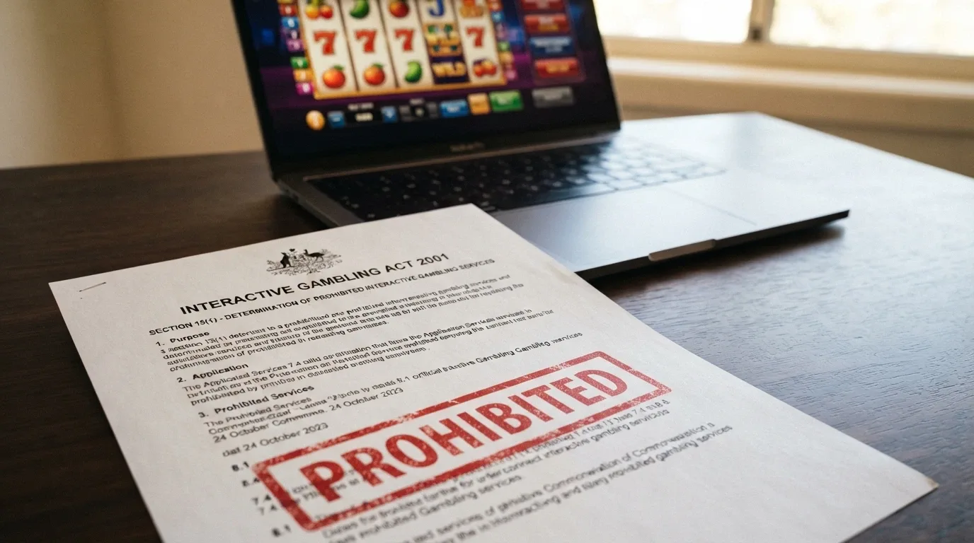 The Interactive Gambling Act 2001 document with a red PROHIBITED stamp across an online pokies screen