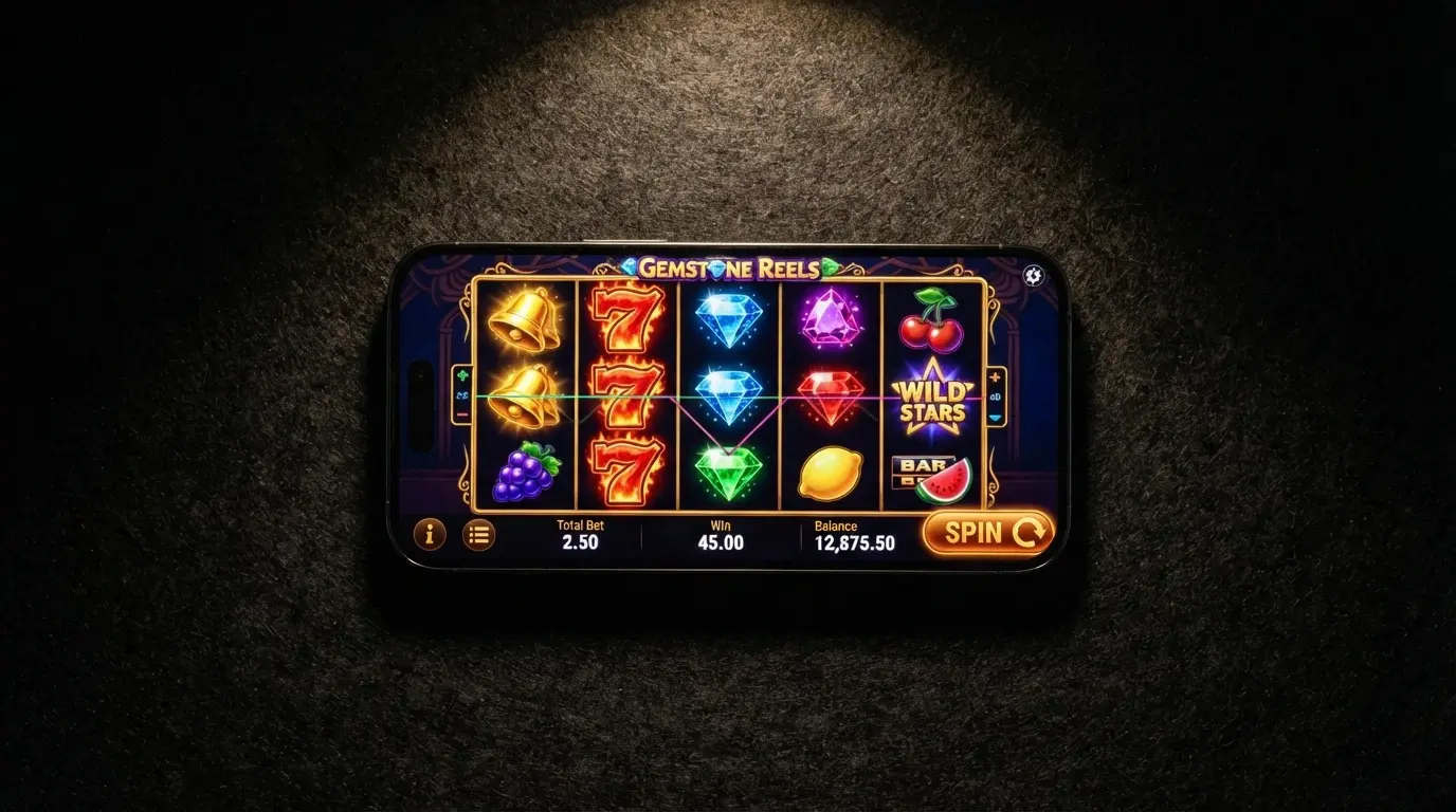 An iPhone in landscape orientation displaying a brightly coloured pokie reels screen with the spin button prominent at the bottom-right