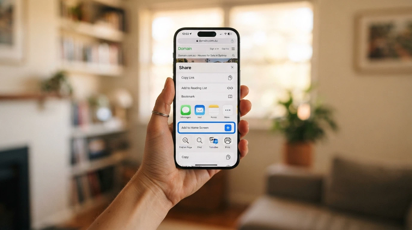 An iPhone screen sequence showing the Safari Share menu, the “Add to Home Screen” option, and the resulting PWA icon on the home screen