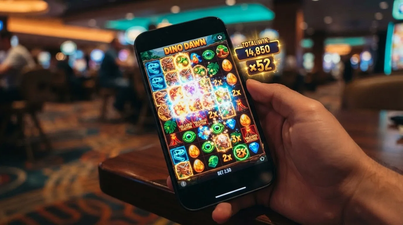 The Jurassic Party 7×7 grid pokie game screen showing dinosaur-themed symbols, a cascading-win sequence and the 20,000x max-win counter displayed prominently