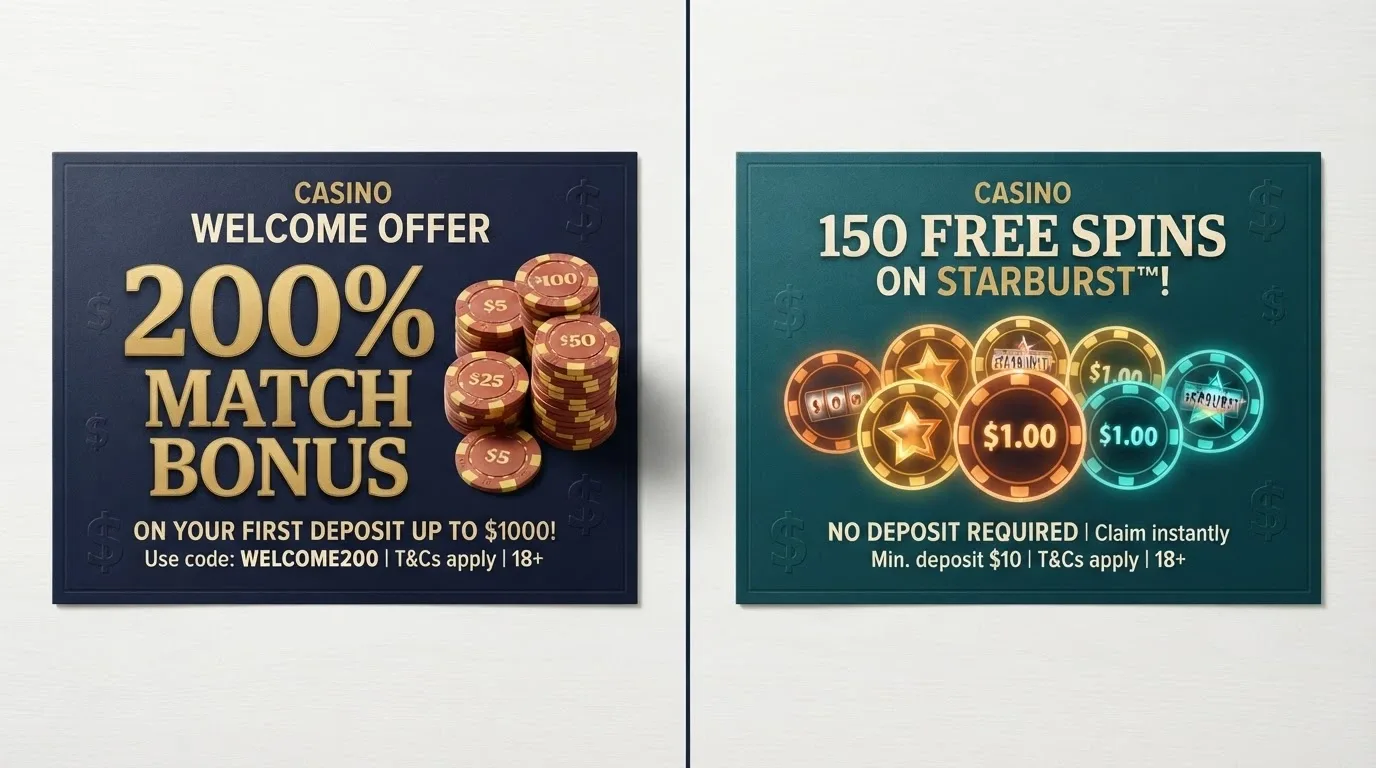 A split-screen of two keno casino welcome-offer banners, one showing a large percentage match and the other showing free spins, with Australian dollar symbols visible