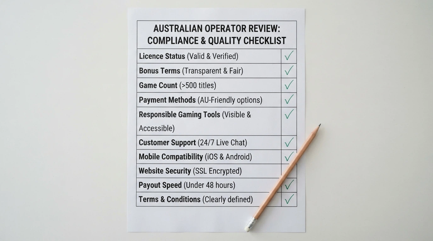 A checklist or scorecard with criteria such as licence, bonus terms, keno game count and payment methods ticked off
