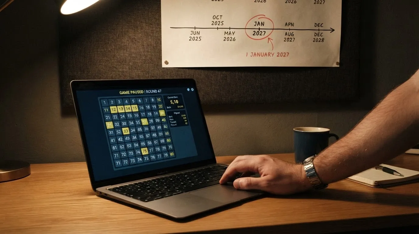 A calendar open to January 2027 beside a laptop showing a paused keno game, with a person's hand hovering over the keyboard