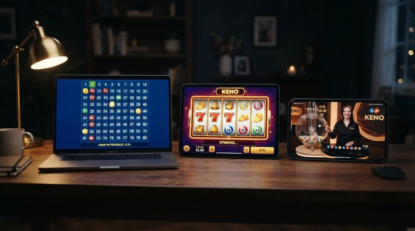 Three keno game screens side by side: a classic draw grid, a slot-style keno machine, and a live-dealer keno studio