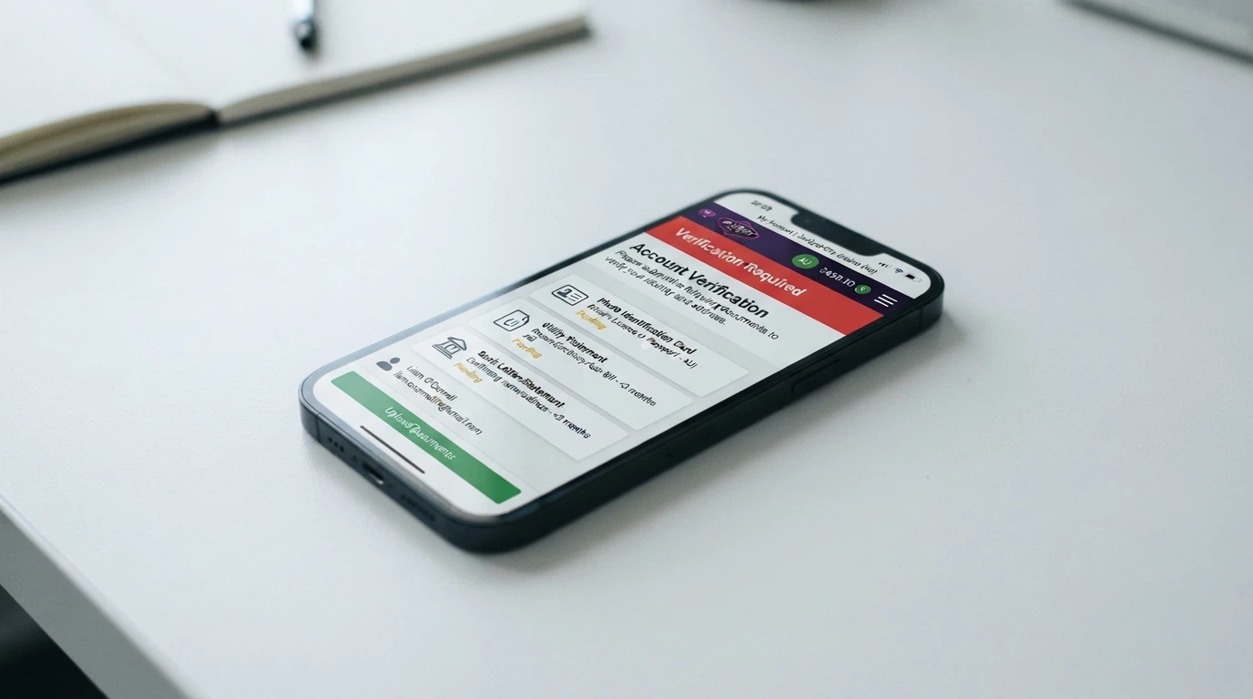 A smartphone displaying a casino account page with a “Verification Required” notification and a list of requested documents including photo ID and proof of address