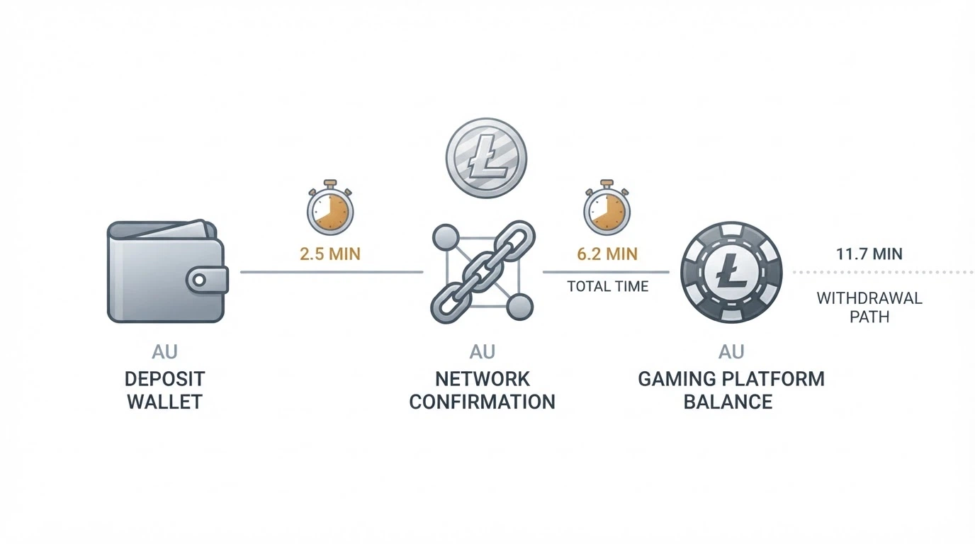 a horizontal timeline graphic with three stages — wallet send, network confirmation, casino balance credited — showing a stopwatch between each stage, with LTC's 2.5-minute block time highlighted