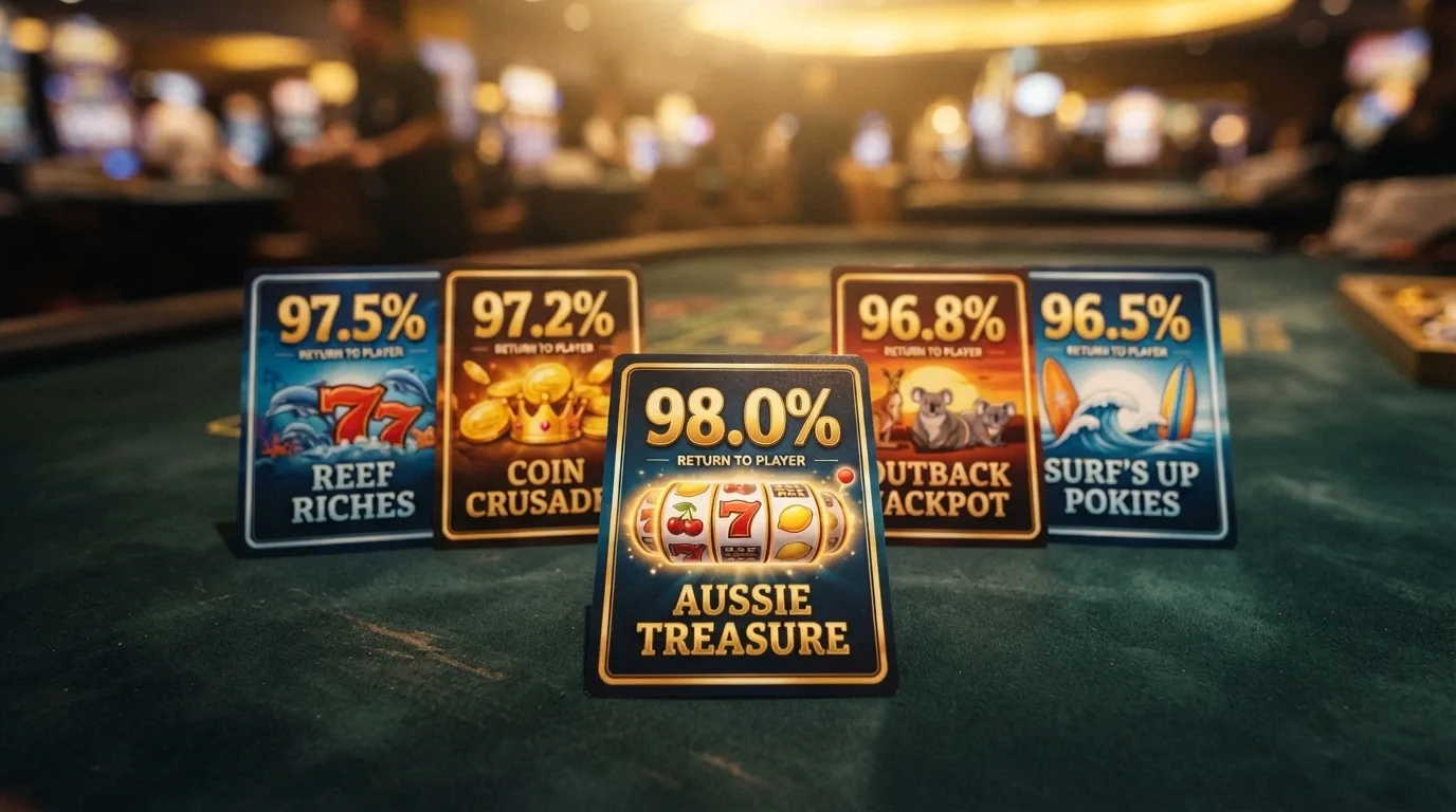a collage of five pokies title cards arranged in a fan, with their RTP percentages overlaid in a contrasting colour, the highest RTP title pulled slightly forward