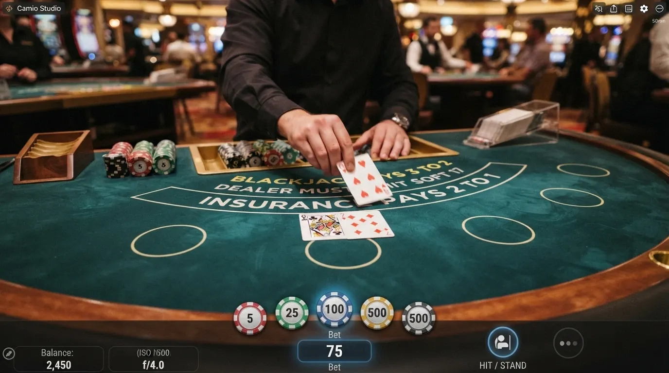 A close-up of a live blackjack table from the player's perspective — the dealer's hands dealing cards onto a green felt layout, with the digital betting panel visible at the bottom of the screen
