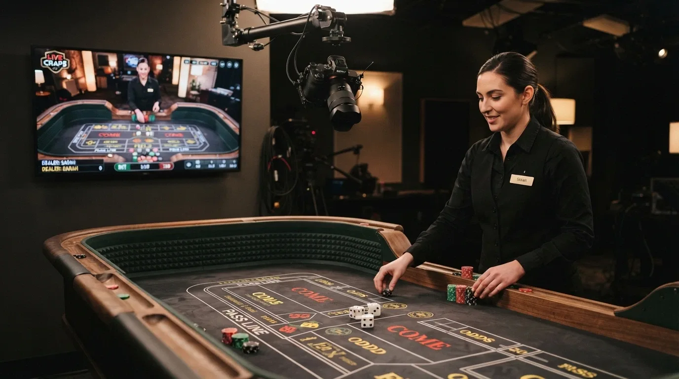 A live dealer standing behind a craps table, a monitor showing the stream, with betting chips on the felt