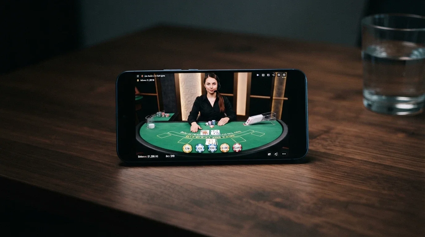A smartphone in landscape mode showing a live blackjack table with the dealer visible on screen, cards dealt, and the mobile betting interface overlaid at the bottom