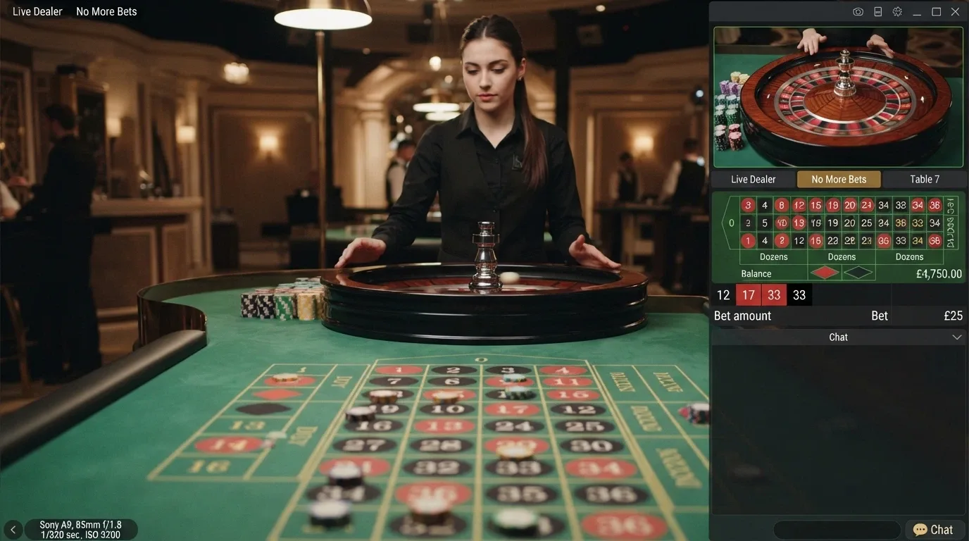 A live-dealer roulette table mid-spin, with a human croupier visible behind a real wheel and betting grid overlaid on screen