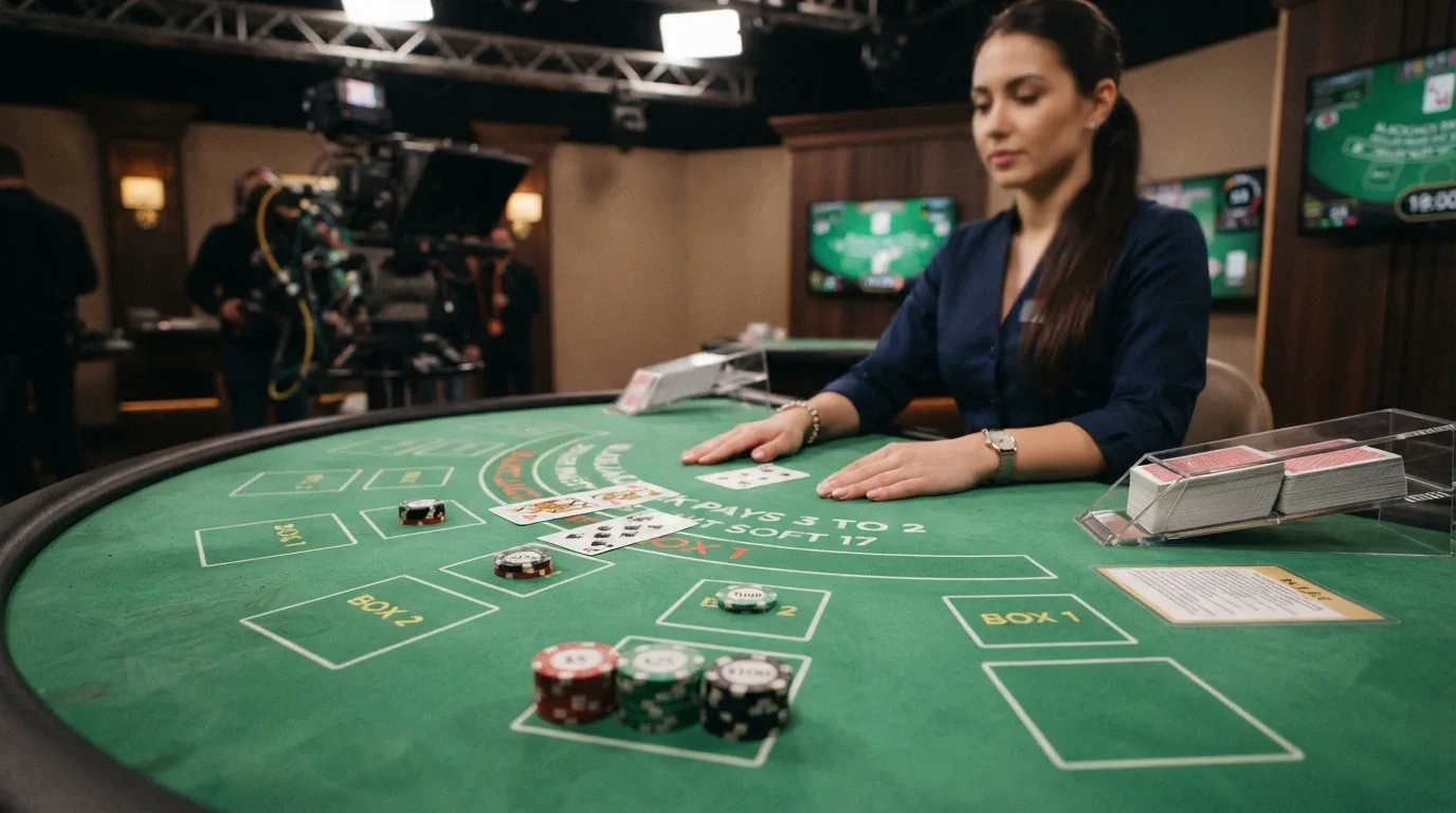 A live blackjack table streamed in high definition from a casino studio with a dealer and visible cards