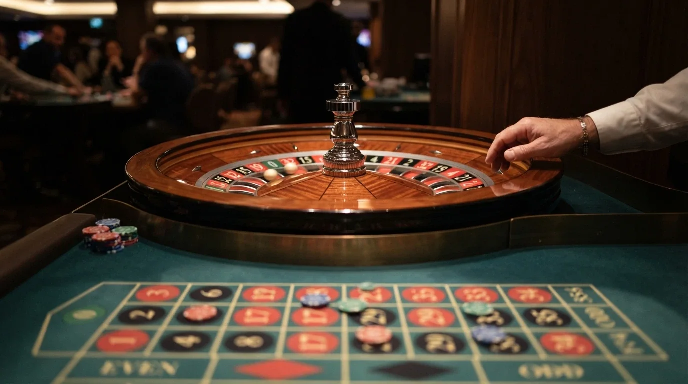 A European single-zero roulette wheel mid-spin, the ball visible in a numbered pocket, with the dealer's hand poised and the betting grid illuminated on the player's screen