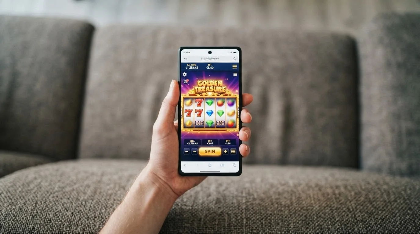 A hand holding a smartphone in portrait orientation, a 1Spin4Win slot running in a mobile browser with no app icon visible on the home screen.