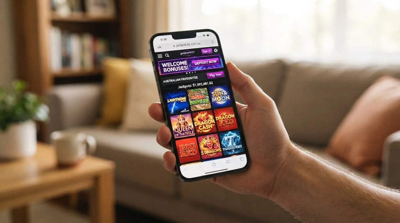 A hand holding a smartphone displaying a casino game lobby loaded in a mobile browser, no app icon visible