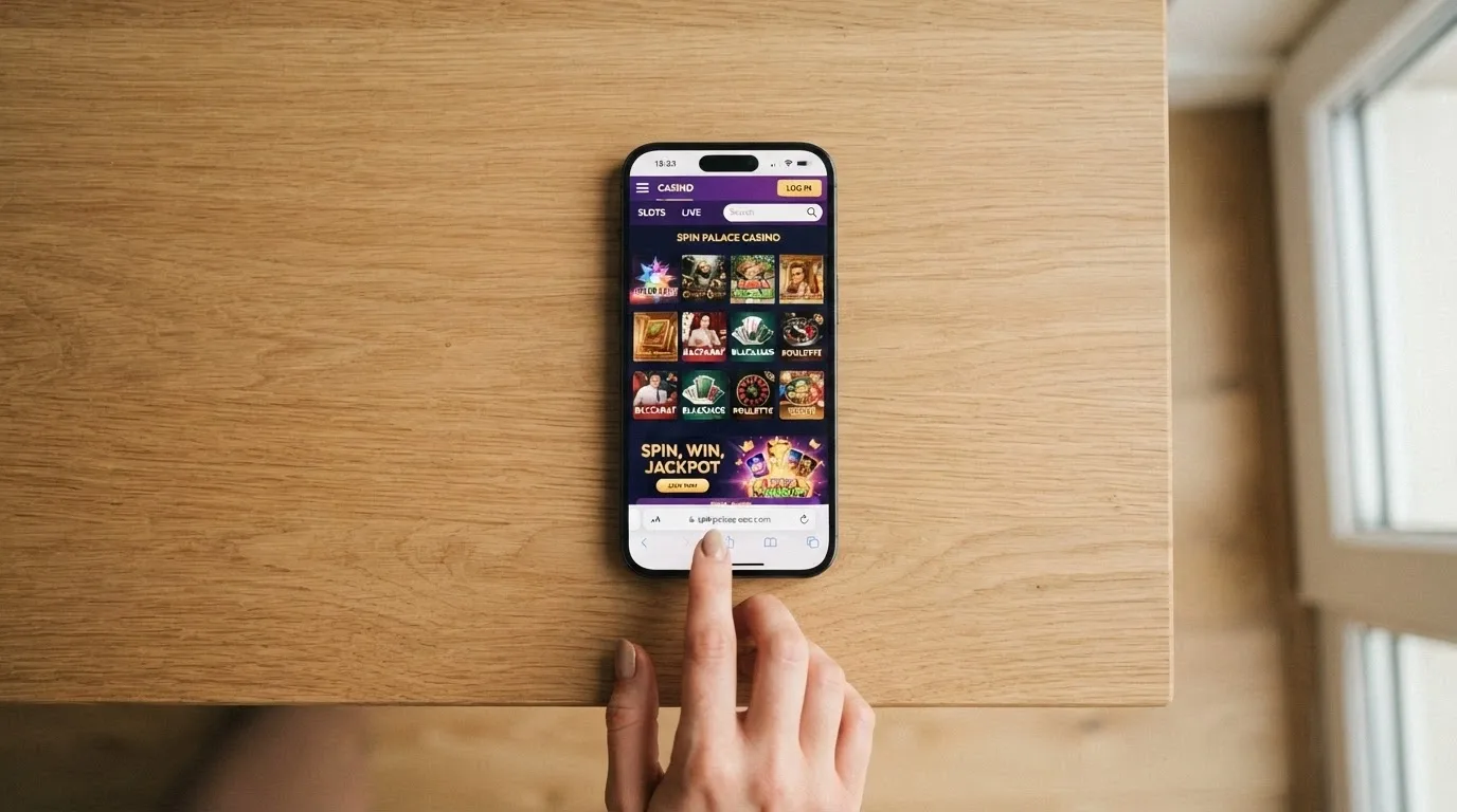 A smartphone held in one hand displaying the Pocket Pokies mobile interface in a browser