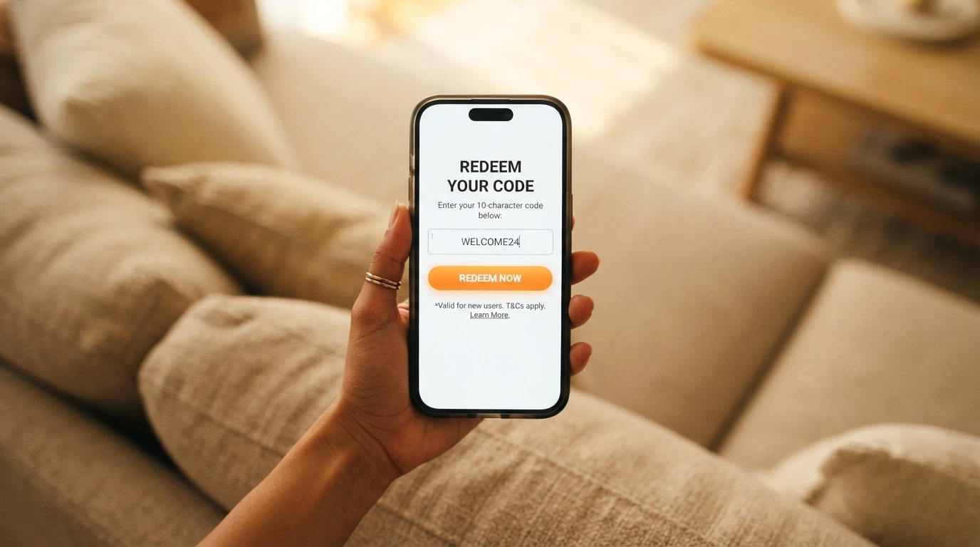 A smartphone held in one hand displaying a casino app bonus-code redemption screen with a finger hovering over the claim button
