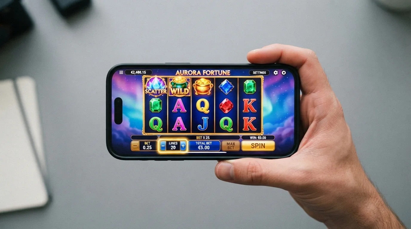 A hand holding a smartphone in landscape orientation showing a pokie game with the bet control set to minimum